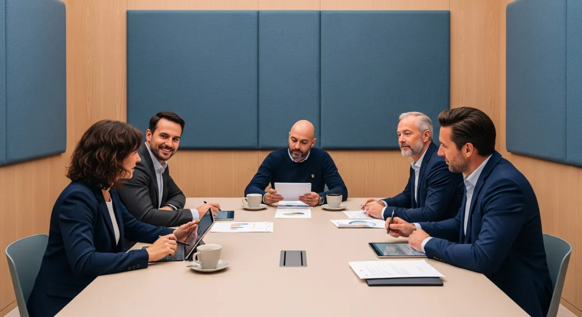 Equipo de consultores inmobiliarios revisando informes